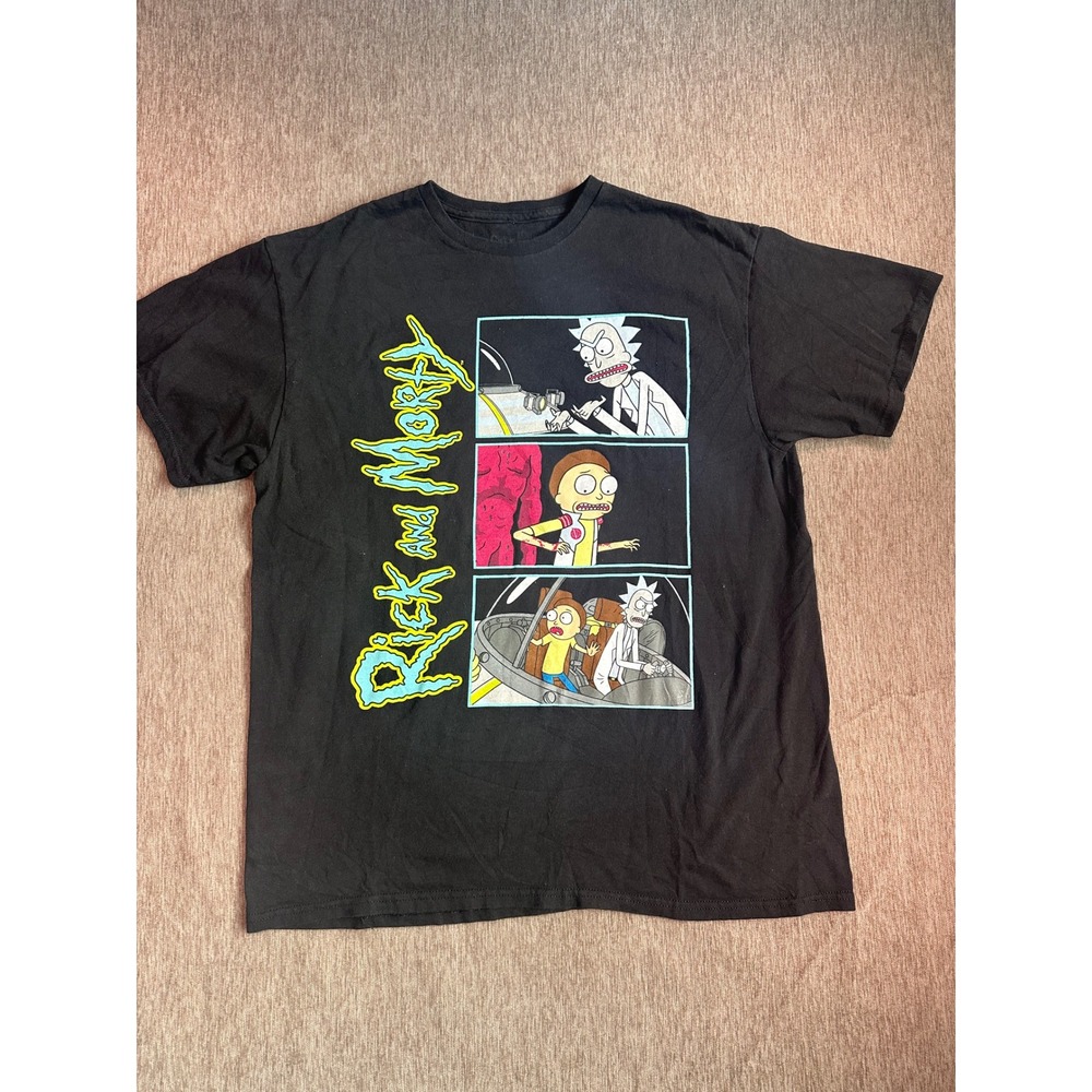 Rick and Morty Mens Large Black Graphic T-Shirt Space Cruiser Comic Panel Tee
